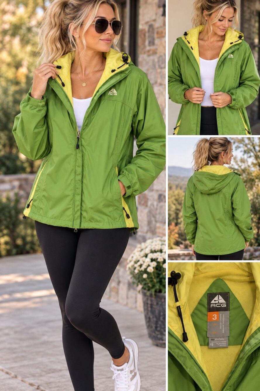 Nike ACG ACG 3 Outer Layer Green Yellow Hooded Full Zip Windbreaker Women’s M